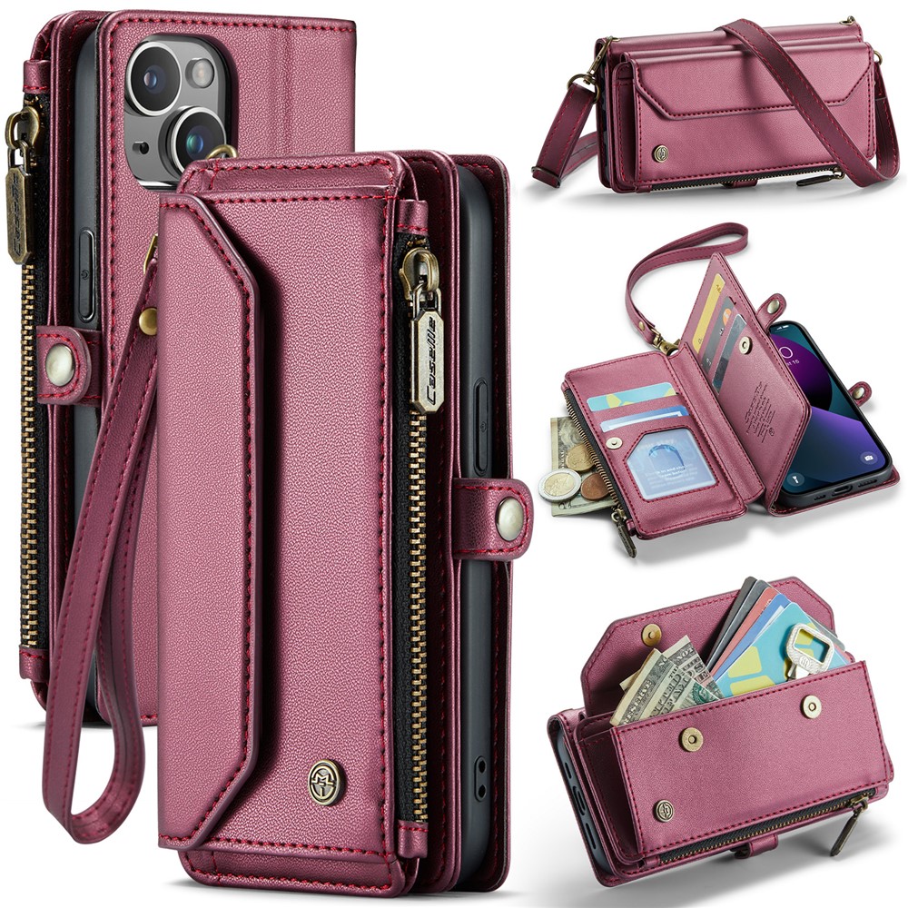 For iPhone 13 Leather Case CASEME C36 Zipper Multiple Card Slots Phone Cover with Straps - Wine Red