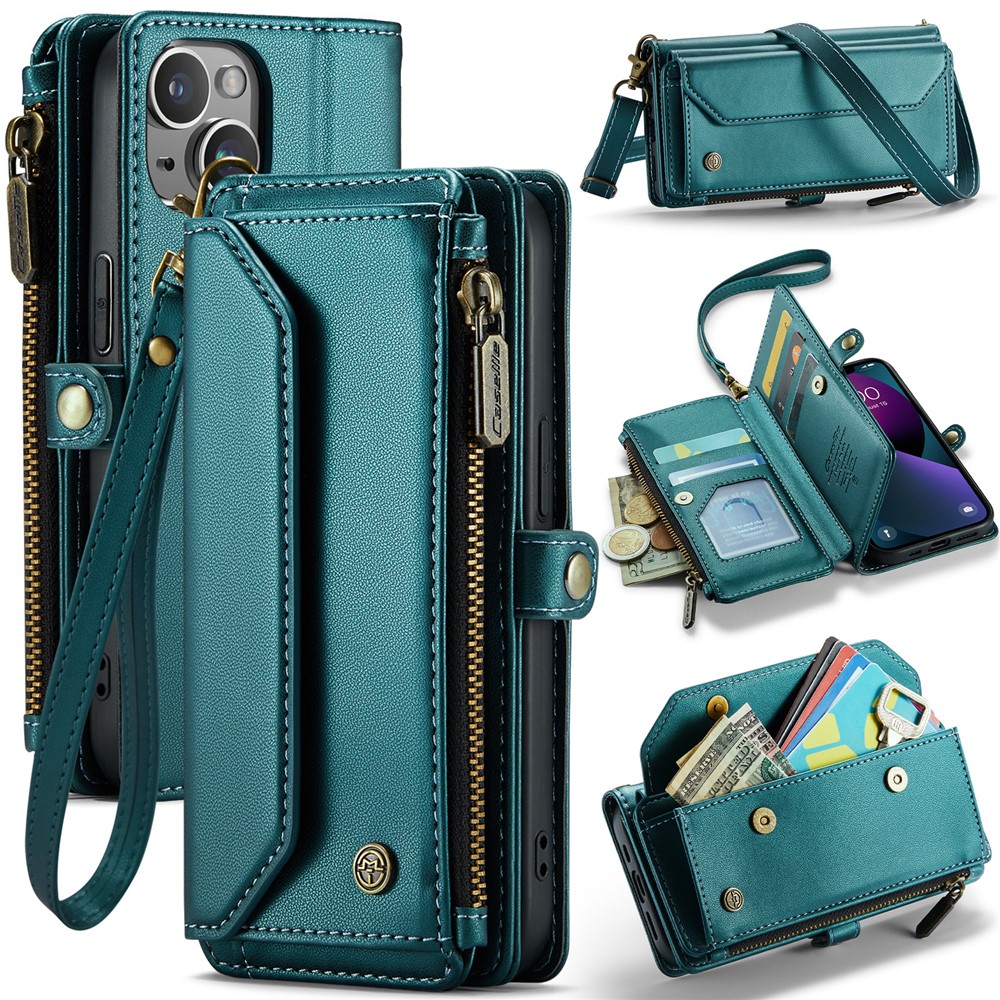 For iPhone 13 Leather Case CASEME C36 Zipper Multiple Card Slots Phone Cover with Straps - Green