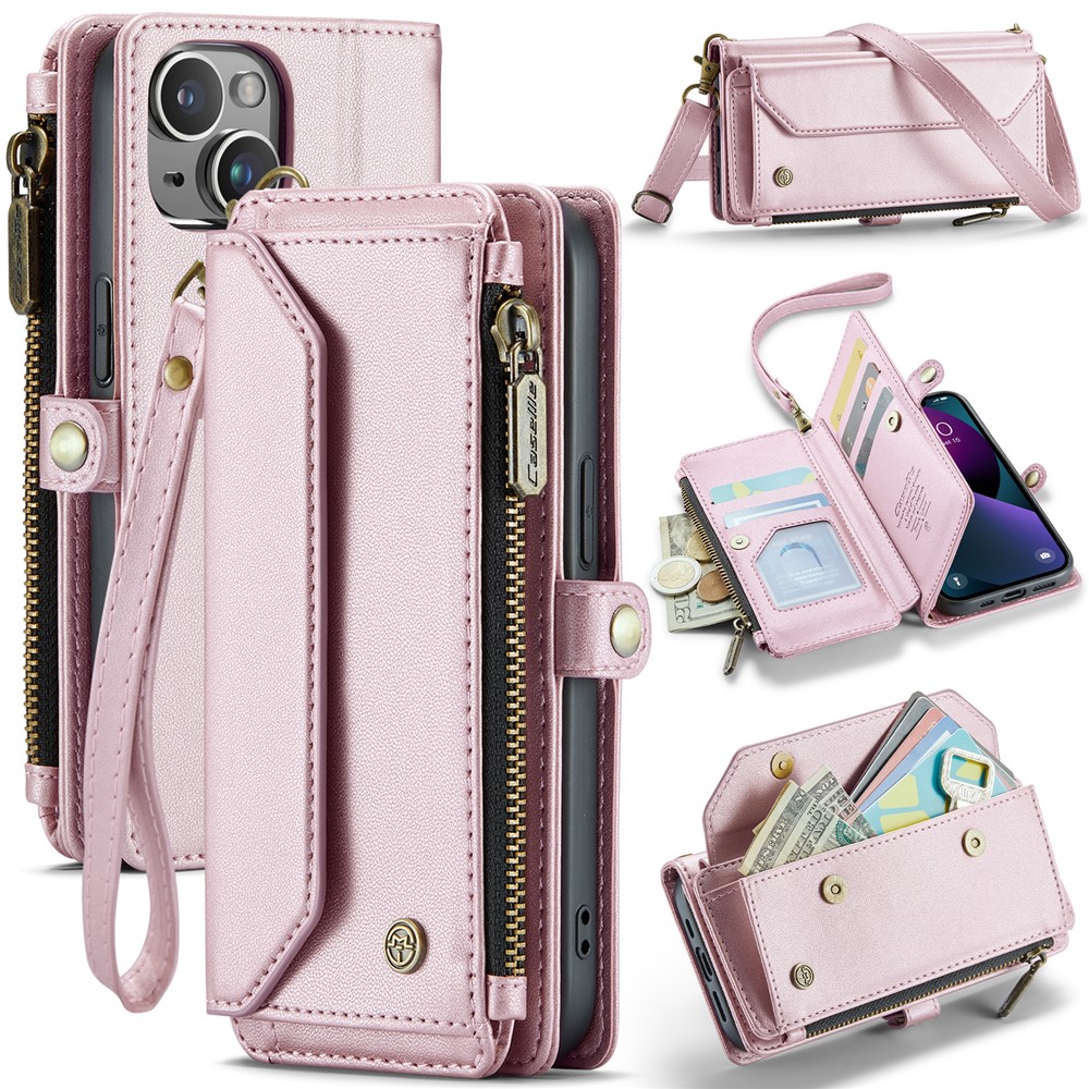 For iPhone 13 Leather Case CASEME C36 Zipper Multiple Card Slots Phone Cover with Straps - Pink