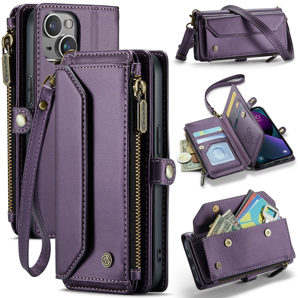 For iPhone 13 Leather Case CASEME C36 Zipper Multiple Card Slots Phone Cover with Straps - Purple