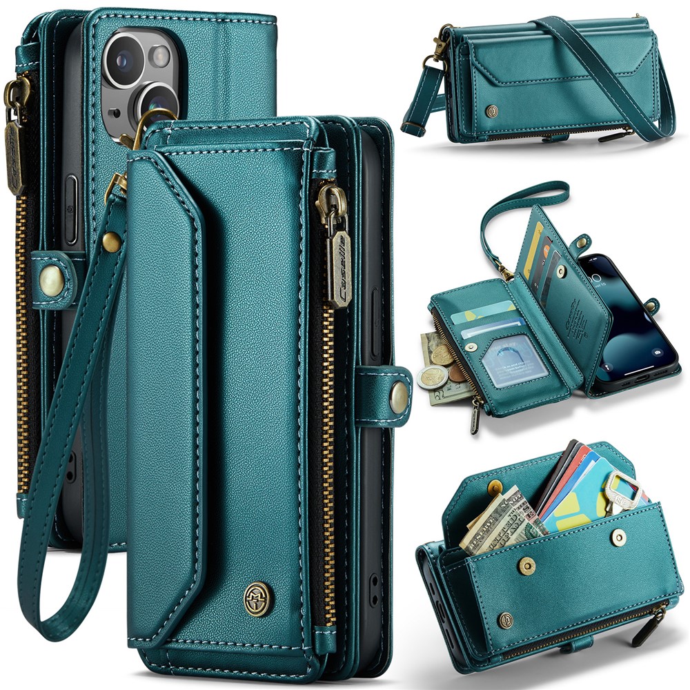 For iPhone 13 mini Leather Case CASEME C36 Zipper Multiple Card Slots Phone Cover with Straps - Green