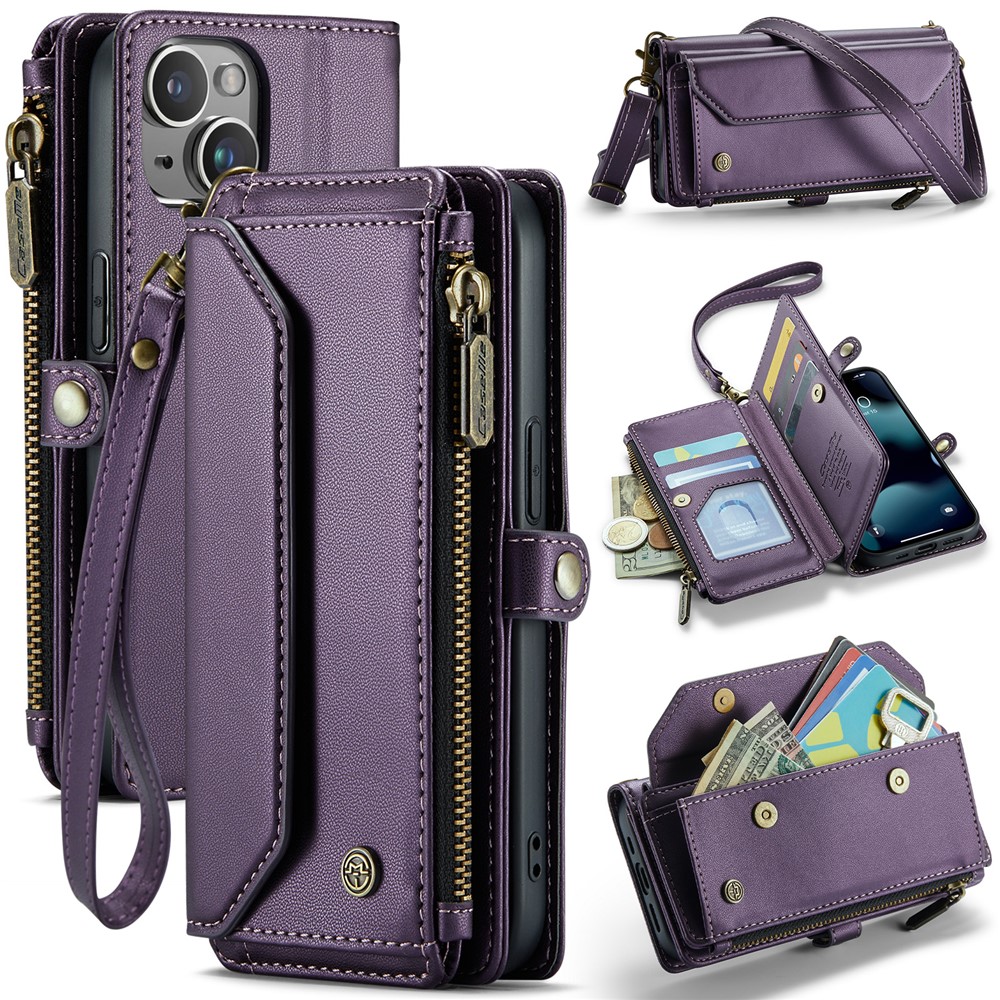 For iPhone 13 mini Leather Case CASEME C36 Zipper Multiple Card Slots Phone Cover with Straps - Purple