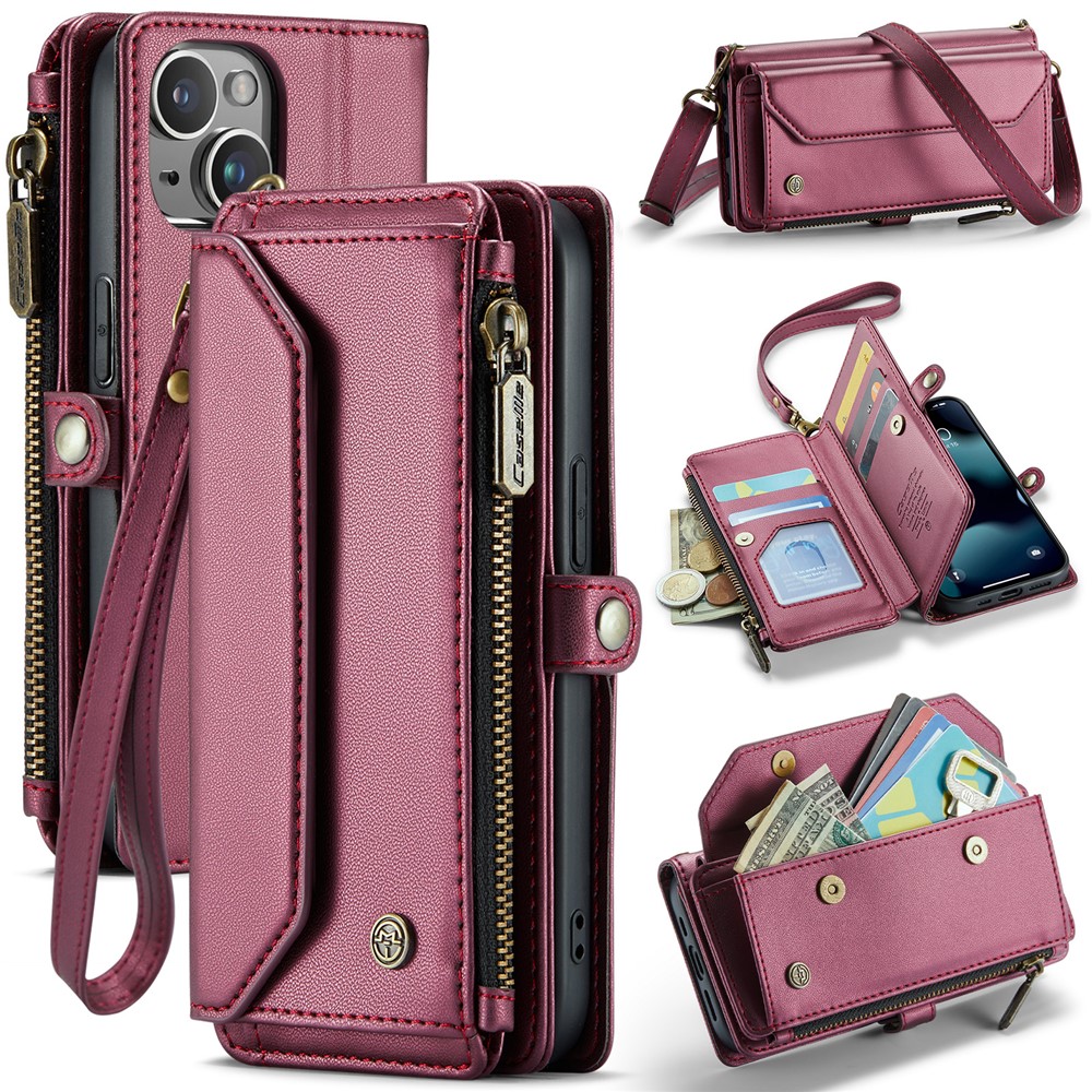 For iPhone 13 mini Leather Case CASEME C36 Zipper Multiple Card Slots Phone Cover with Straps - Wine Red