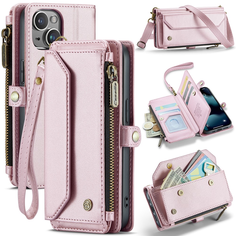 For iPhone 13 mini Leather Case CASEME C36 Zipper Multiple Card Slots Phone Cover with Straps - Pink