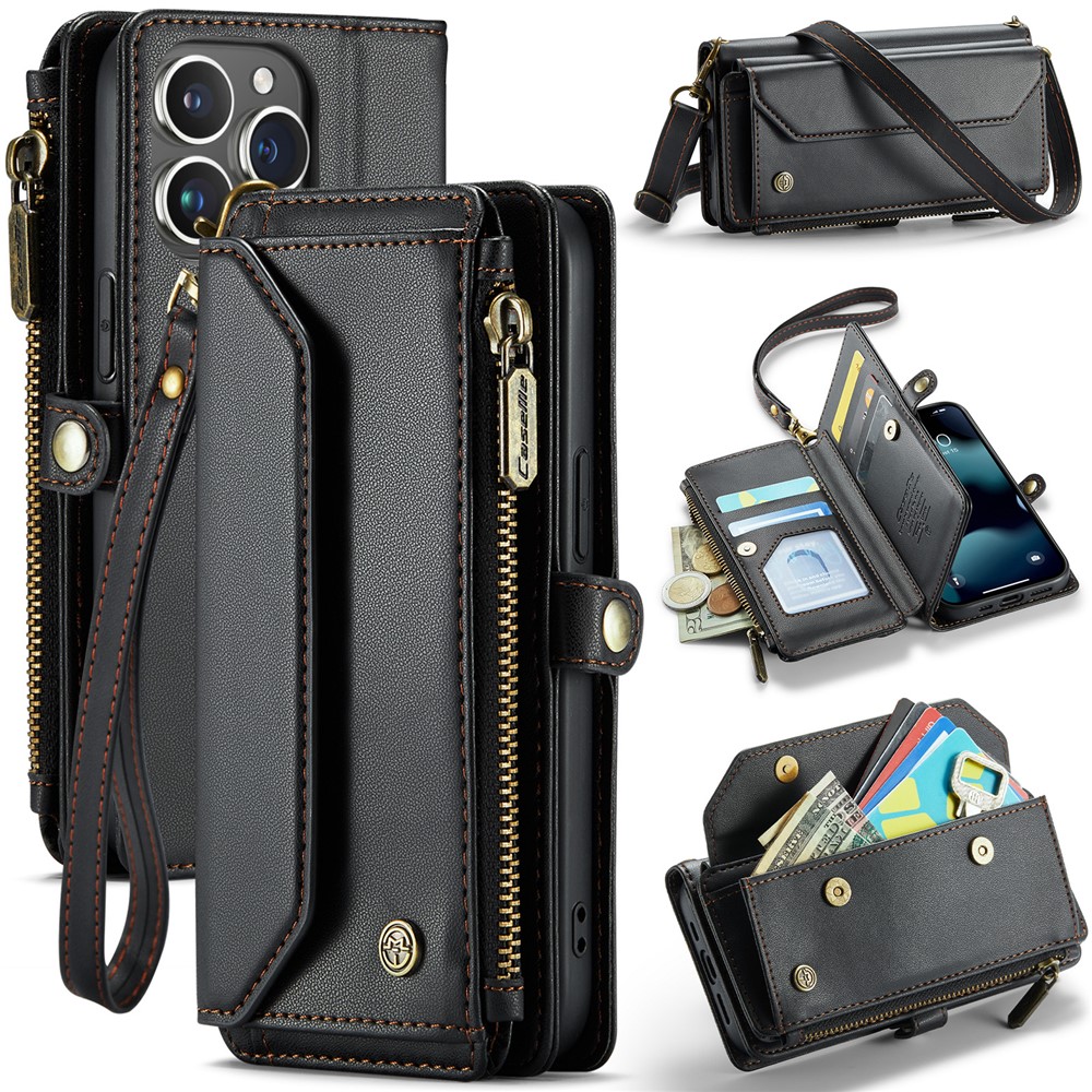 For iPhone 13 Pro Leather Case CASEME C36 Zipper Multiple Card Slots Phone Cover with Straps - Black