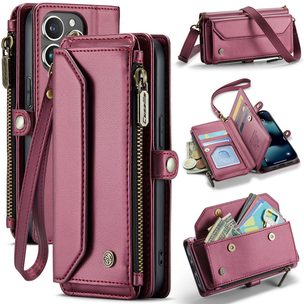 For iPhone 13 Pro Leather Case CASEME C36 Zipper Multiple Card Slots Phone Cover with Straps - Wine Red