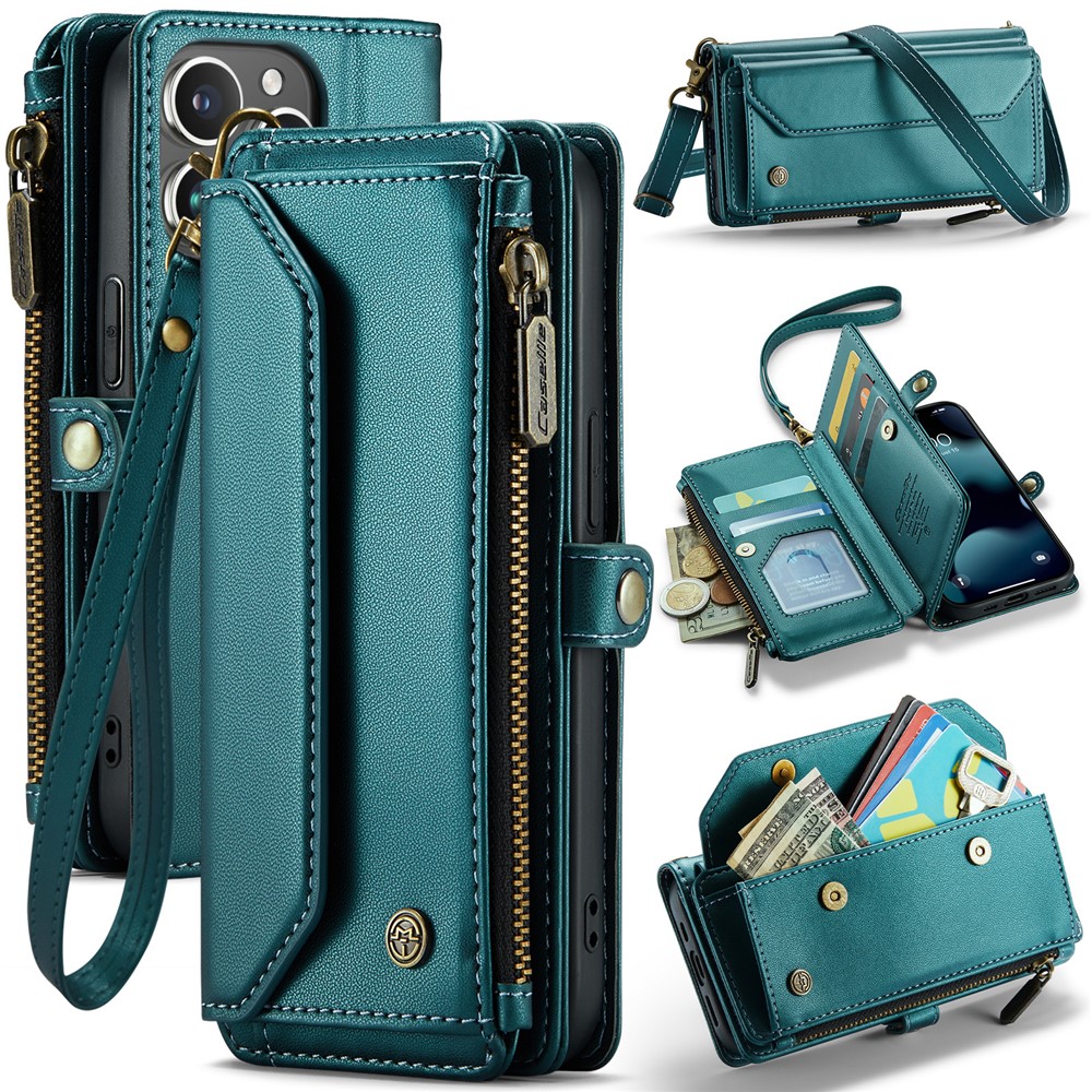 For iPhone 13 Pro Leather Case CASEME C36 Zipper Multiple Card Slots Phone Cover with Straps - Green