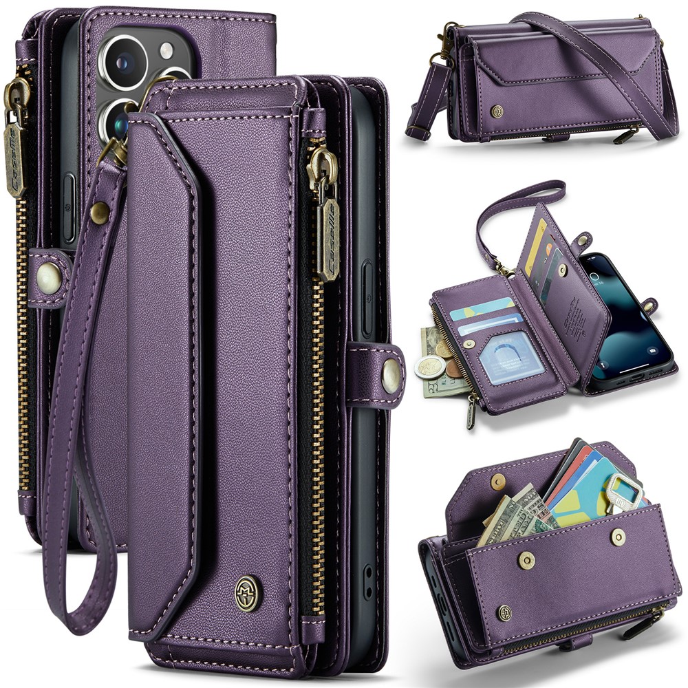 For iPhone 13 Pro Leather Case CASEME C36 Zipper Multiple Card Slots Phone Cover with Straps - Purple