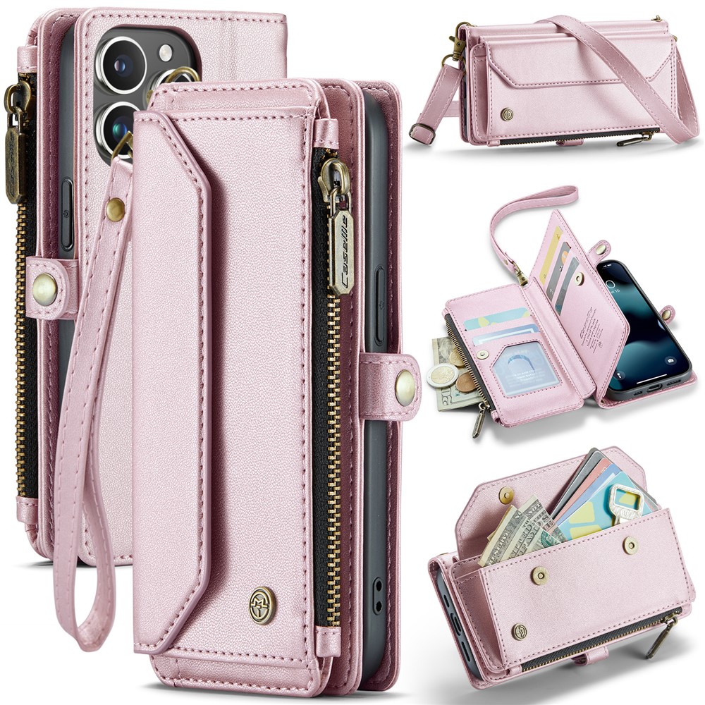 For iPhone 13 Pro Leather Case CASEME C36 Zipper Multiple Card Slots Phone Cover with Straps - Pink