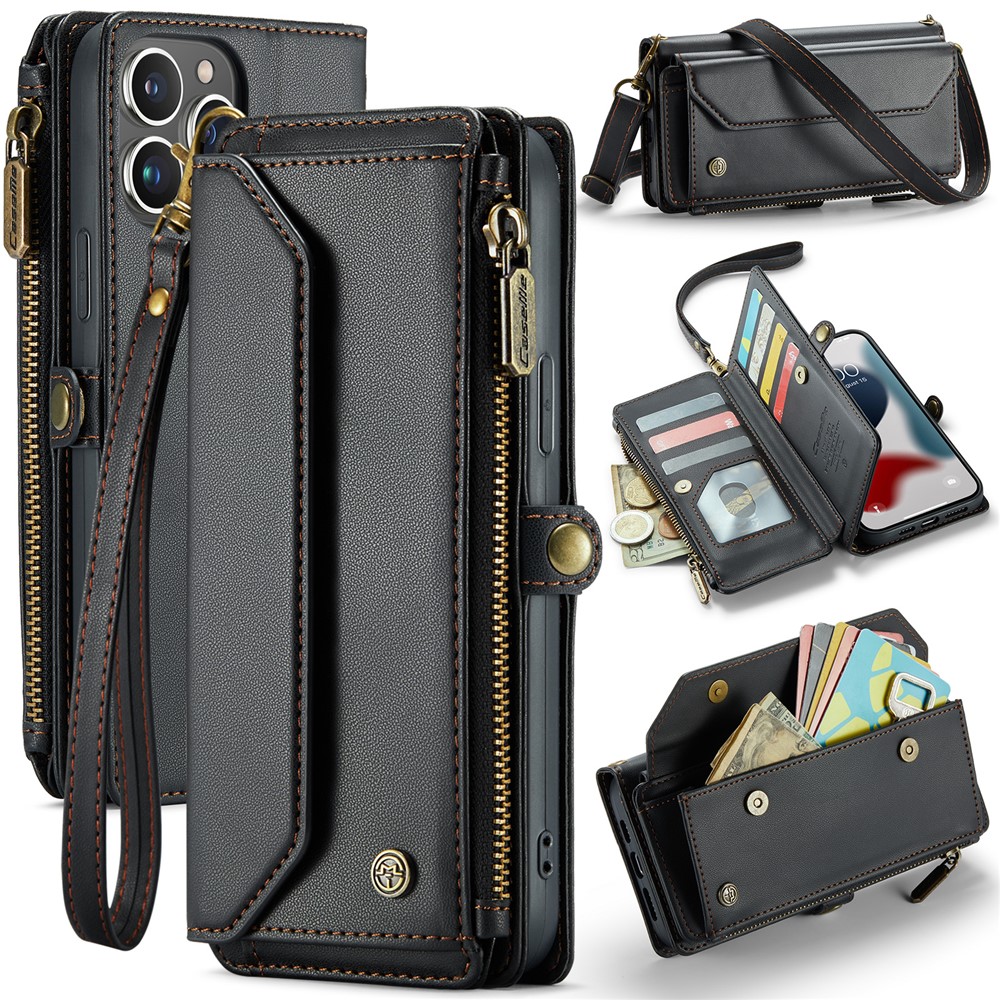 For iPhone 13 Pro Max Leather Case CASEME C36 Zipper Multiple Card Slots Phone Cover with Straps - Black