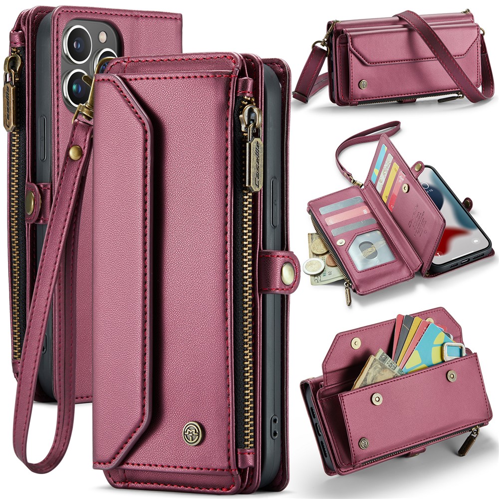 For iPhone 13 Pro Max Leather Case CASEME C36 Zipper Multiple Card Slots Phone Cover with Straps - Wine Red