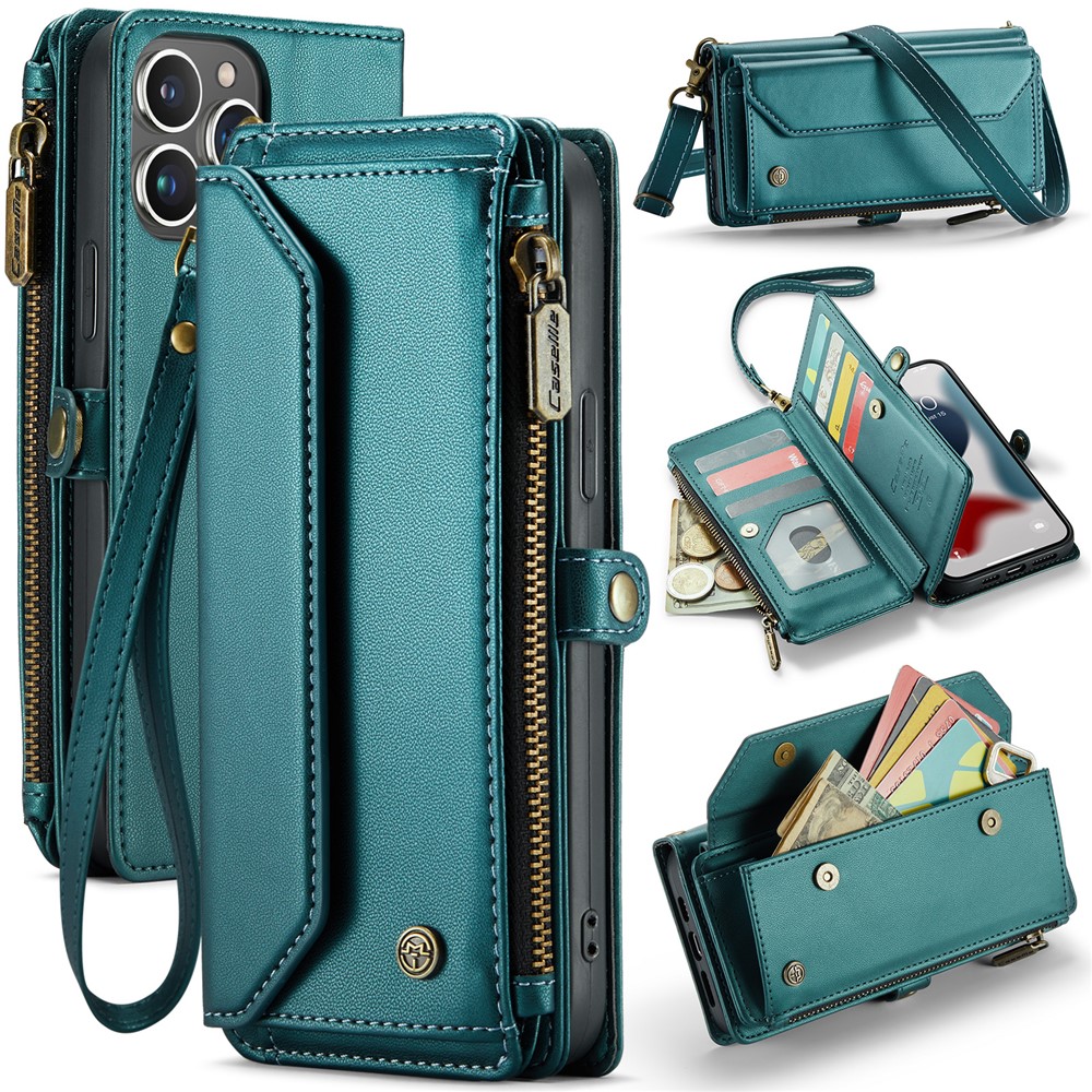 For iPhone 13 Pro Max Leather Case CASEME C36 Zipper Multiple Card Slots Phone Cover with Straps - Green