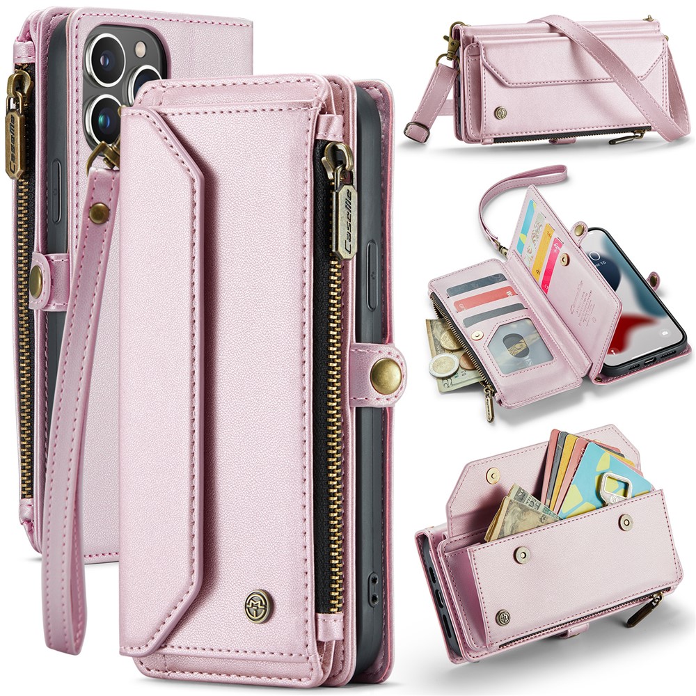 For iPhone 13 Pro Max Leather Case CASEME C36 Zipper Multiple Card Slots Phone Cover with Straps - Pink