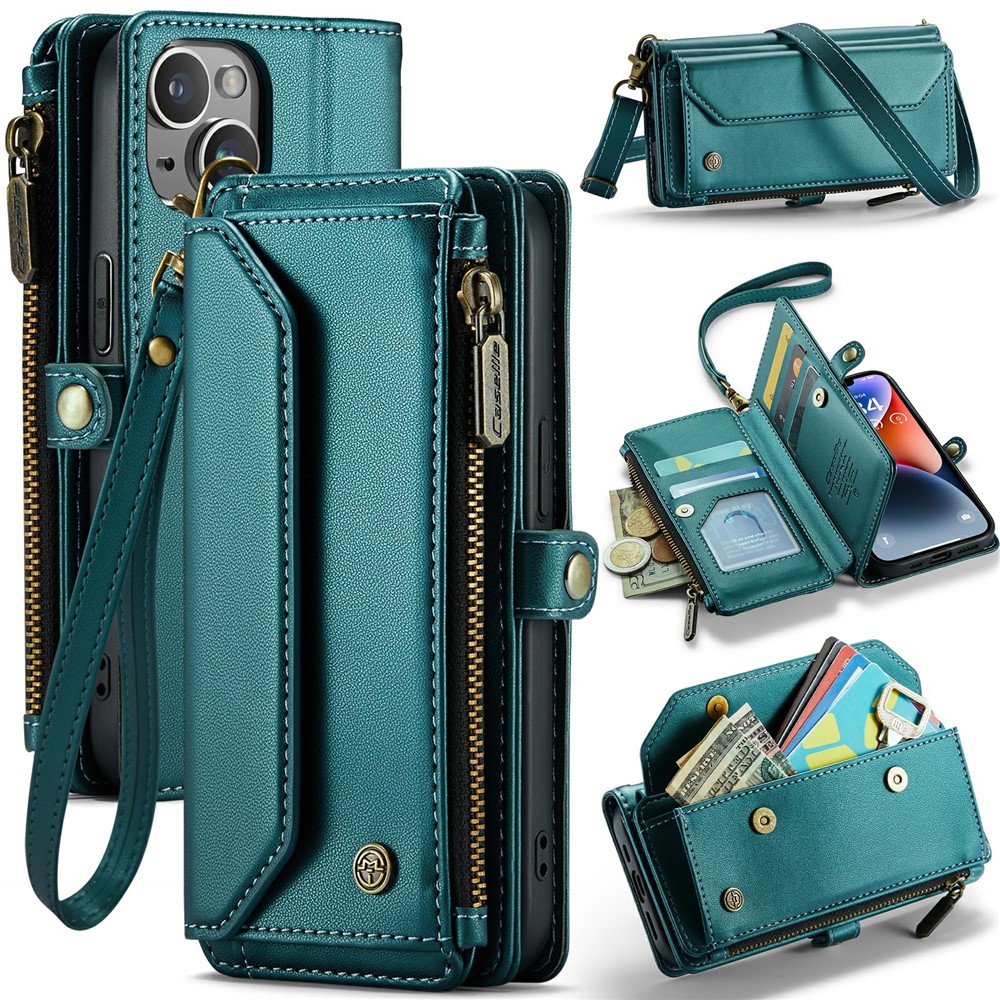 For iPhone 14 Leather Case CASEME C36 Zipper Multiple Card Slots Phone Cover with Straps - Green