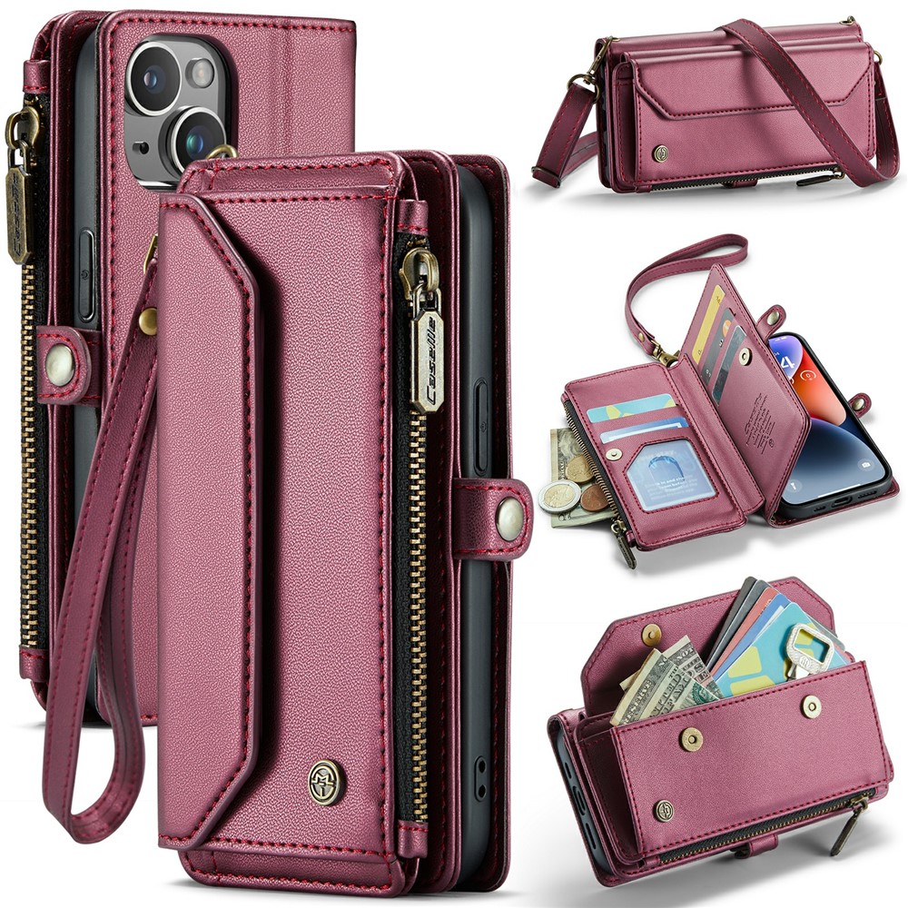 For iPhone 14 Leather Case CASEME C36 Zipper Multiple Card Slots Phone Cover with Straps - Wine Red