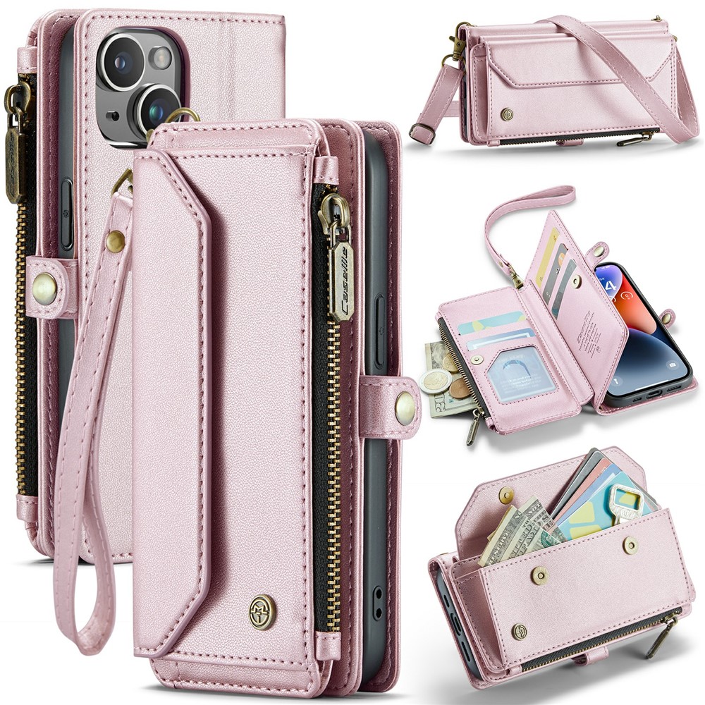 For iPhone 14 Leather Case CASEME C36 Zipper Multiple Card Slots Phone Cover with Straps - Pink