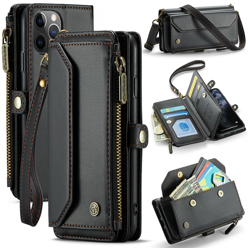 For iPhone 11 Pro Leather Case CASEME C36 Zipper Multiple Card Slots Phone Cover with Straps - Black
