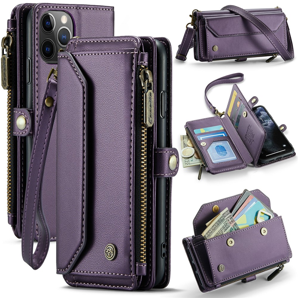 For iPhone 11 Pro Leather Case CASEME C36 Zipper Multiple Card Slots Phone Cover with Straps - Purple