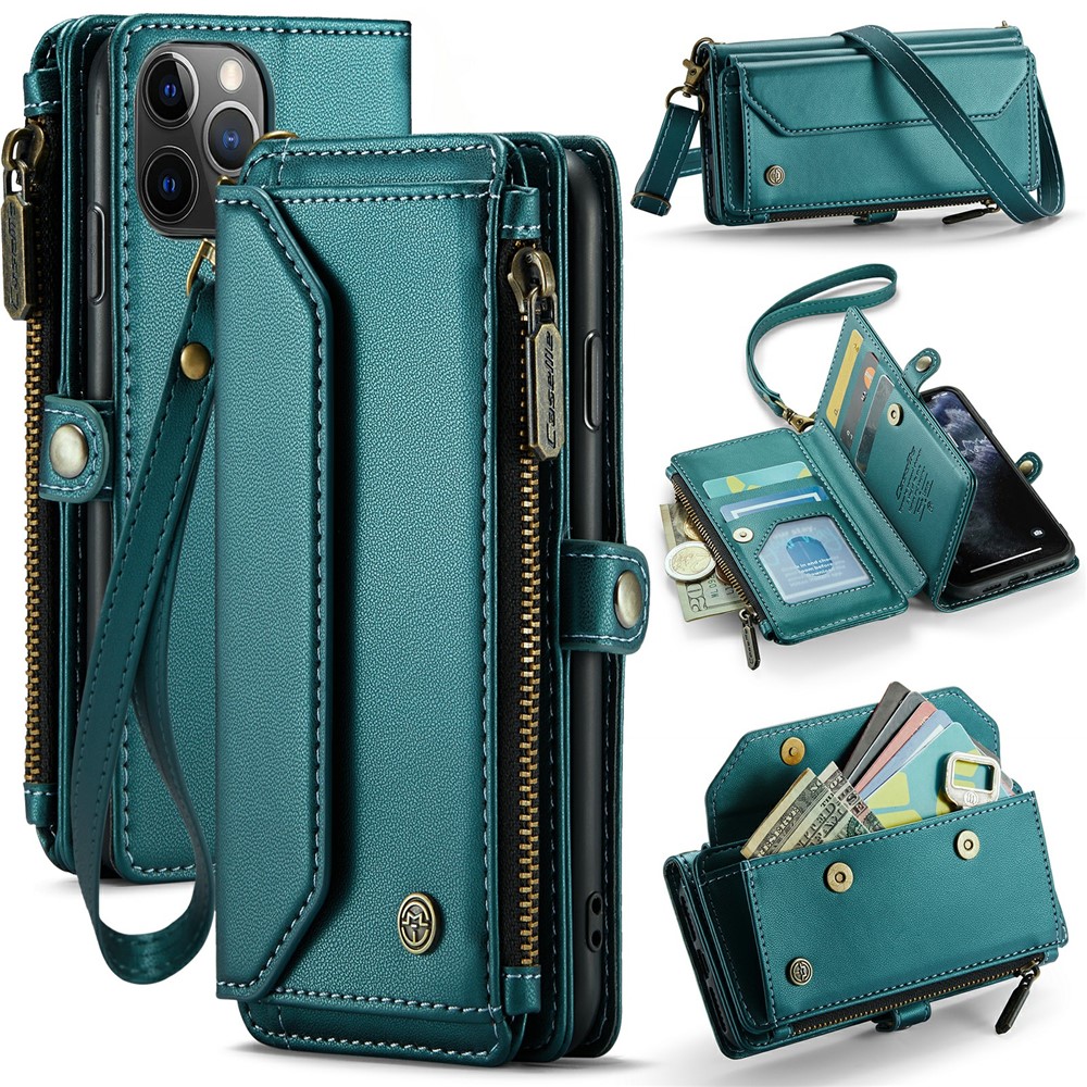 For iPhone 11 Pro Leather Case CASEME C36 Zipper Multiple Card Slots Phone Cover with Straps - Green