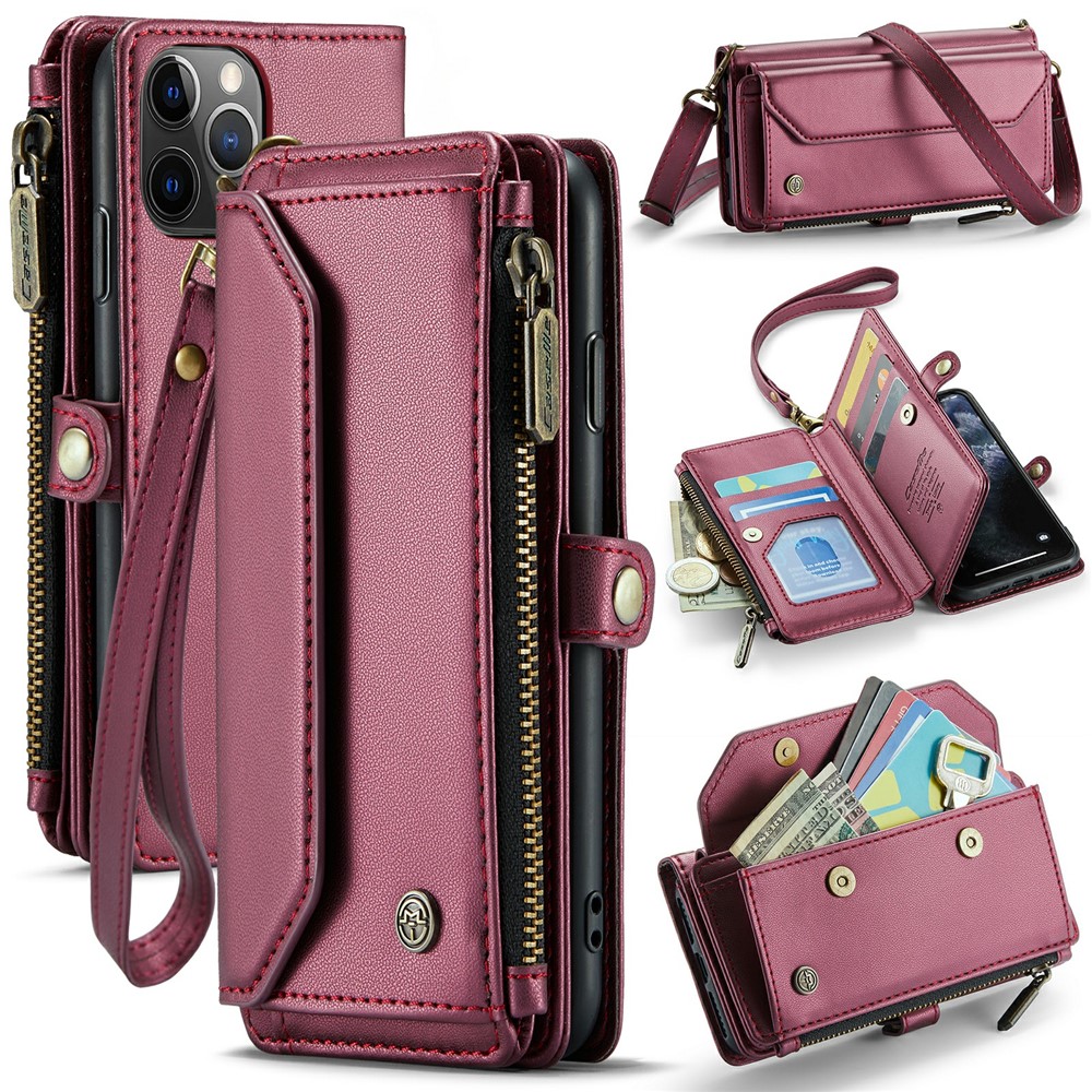 For iPhone 11 Pro Leather Case CASEME C36 Zipper Multiple Card Slots Phone Cover with Straps - Wine Red