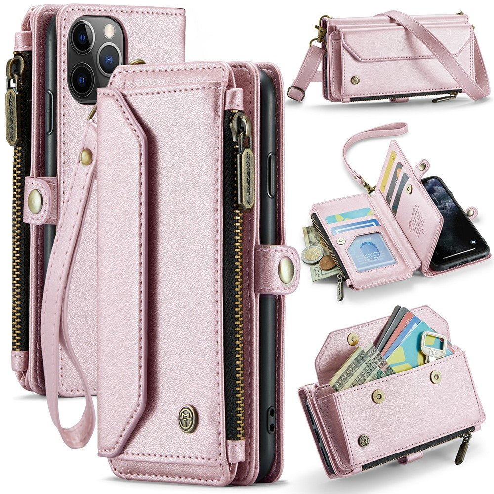 For iPhone 11 Pro Leather Case CASEME C36 Zipper Multiple Card Slots Phone Cover with Straps - Pink