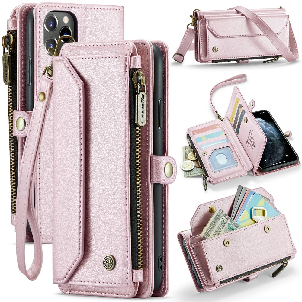 For iPhone 11 Pro Max Leather Case CASEME C36 Zipper Multiple Card Slots Phone Cover with Straps - Pink