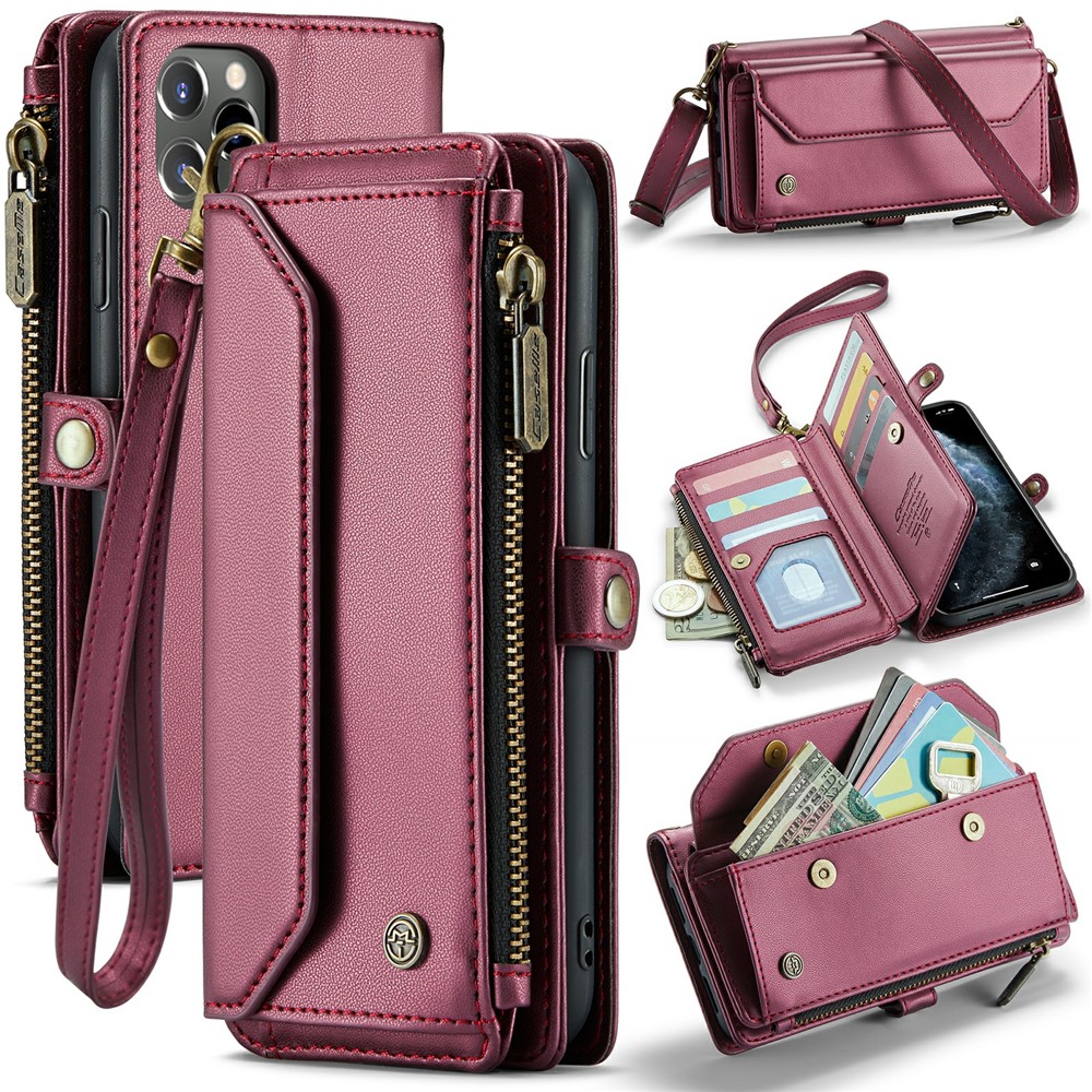 For iPhone 11 Pro Max Leather Case CASEME C36 Zipper Multiple Card Slots Phone Cover with Straps - Wine Red