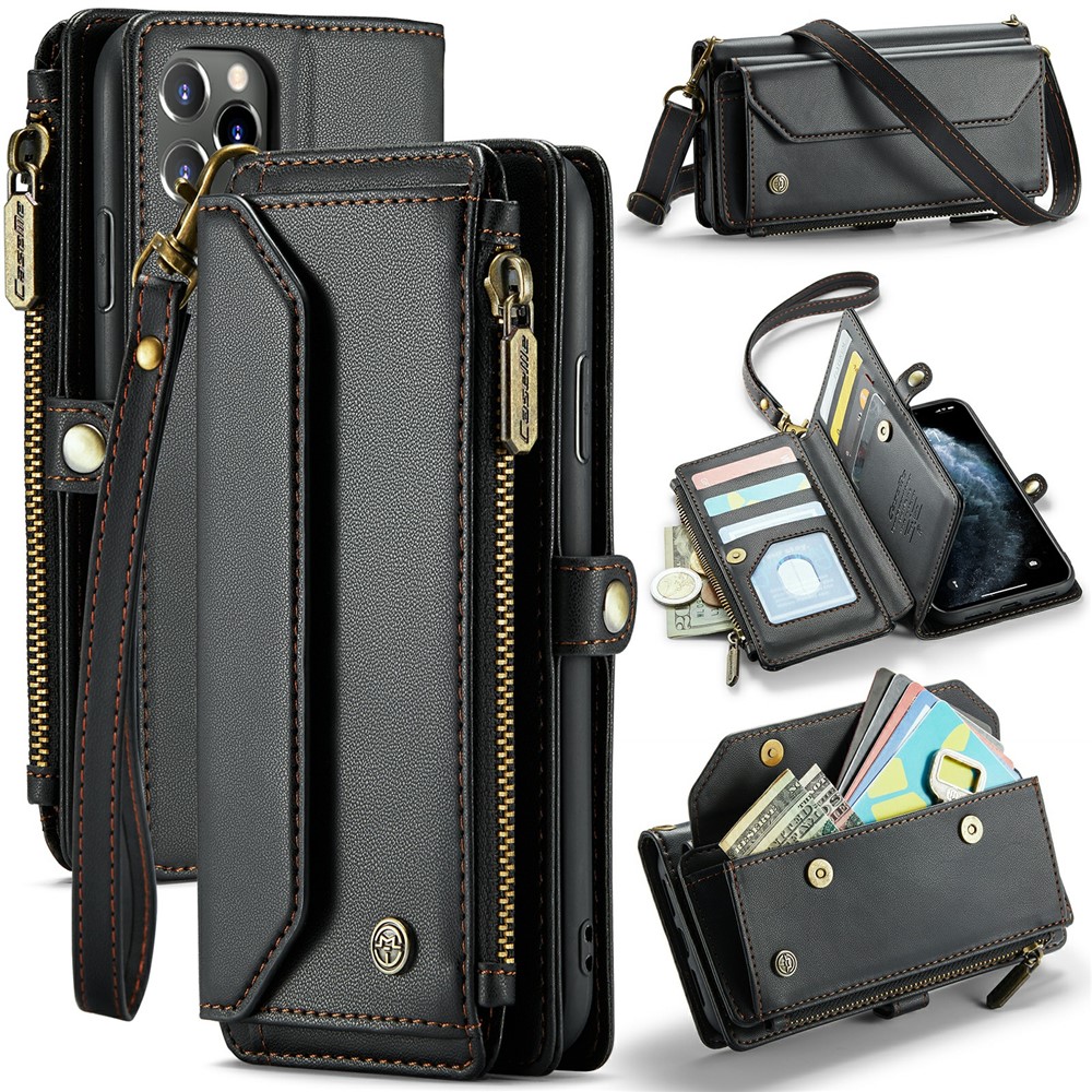 For iPhone 11 Pro Max Leather Case CASEME C36 Zipper Multiple Card Slots Phone Cover with Straps - Black