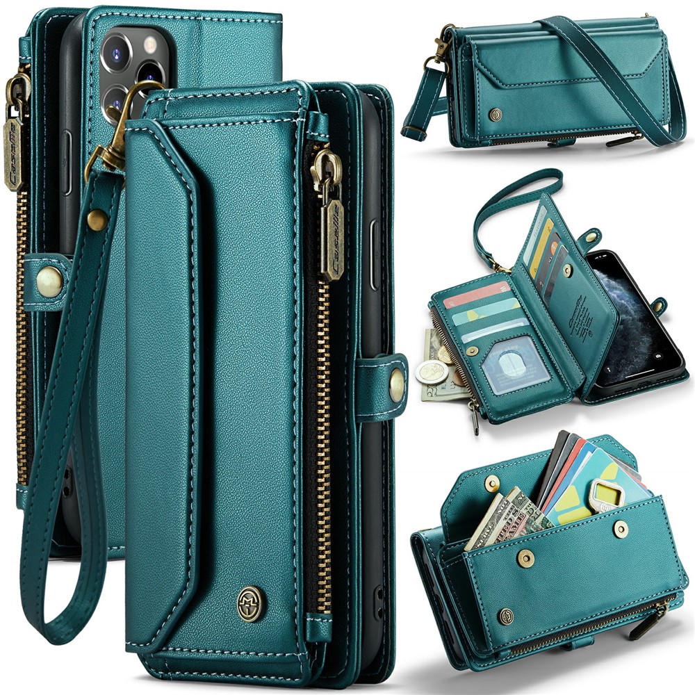 For iPhone 11 Pro Max Leather Case CASEME C36 Zipper Multiple Card Slots Phone Cover with Straps - Green
