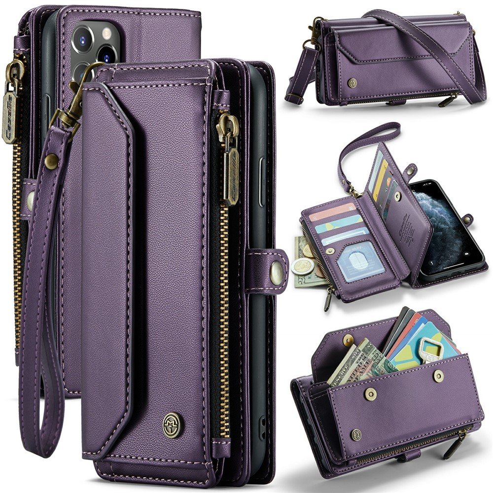 For iPhone 11 Pro Max Leather Case CASEME C36 Zipper Multiple Card Slots Phone Cover with Straps - Purple