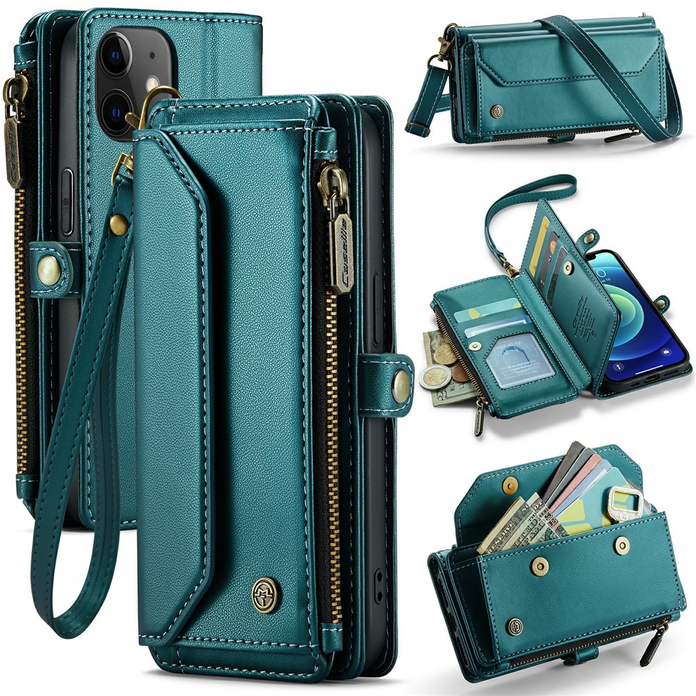 For iPhone 12 mini Leather Case CASEME C36 Zipper Multiple Card Slots Phone Cover with Straps - Green
