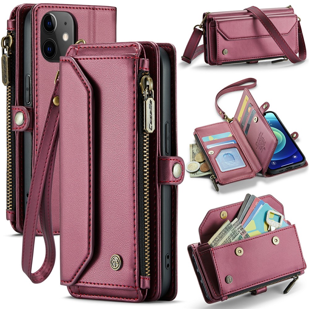 For iPhone 12 mini Leather Case CASEME C36 Zipper Multiple Card Slots Phone Cover with Straps - Wine Red