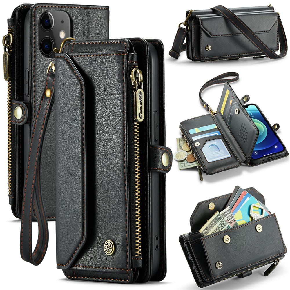 For iPhone 12 mini Leather Case CASEME C36 Zipper Multiple Card Slots Phone Cover with Straps - Black