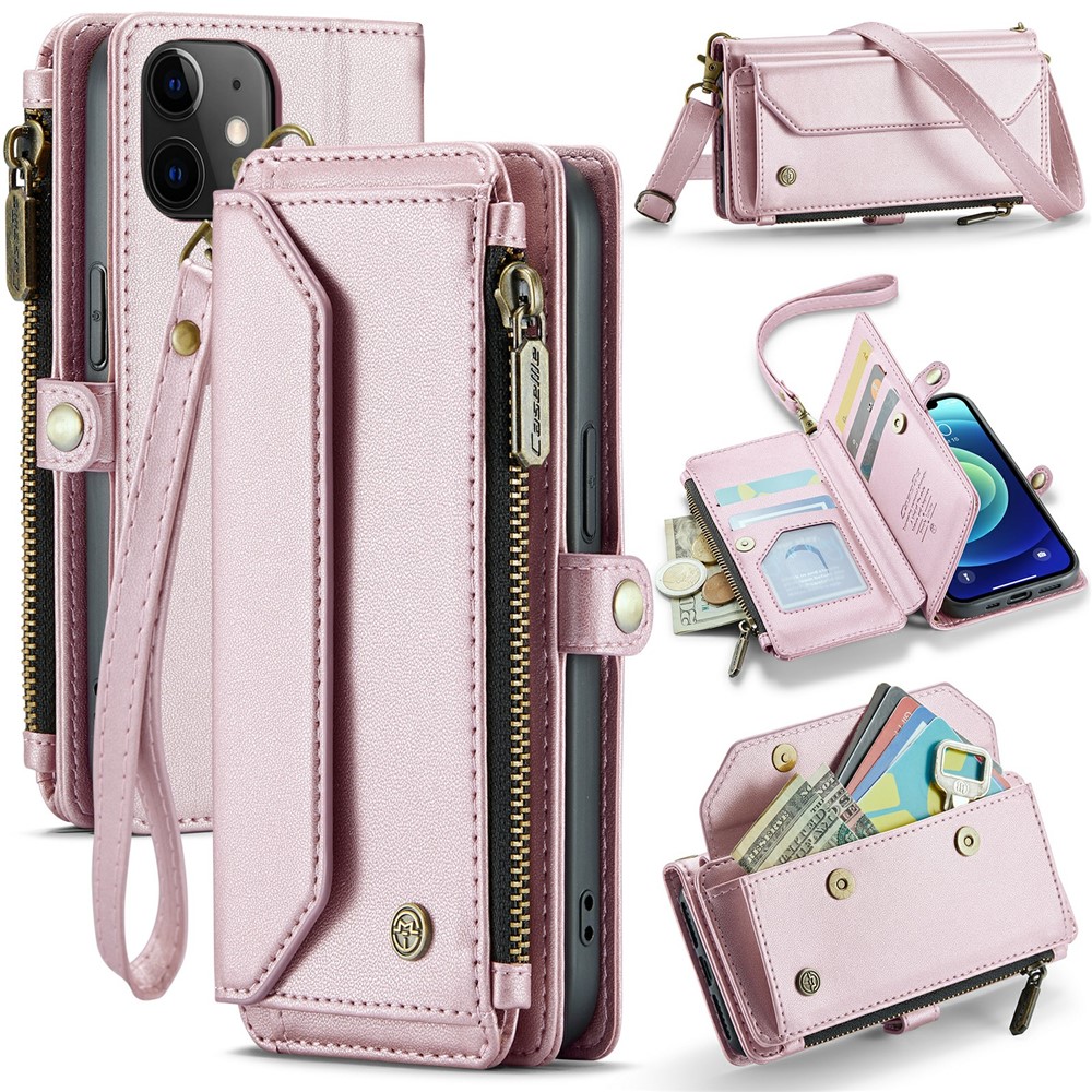 For iPhone 12 / 12 Pro Leather Case CASEME C36 Zipper Multiple Card Slots Phone Cover with Straps - Pink