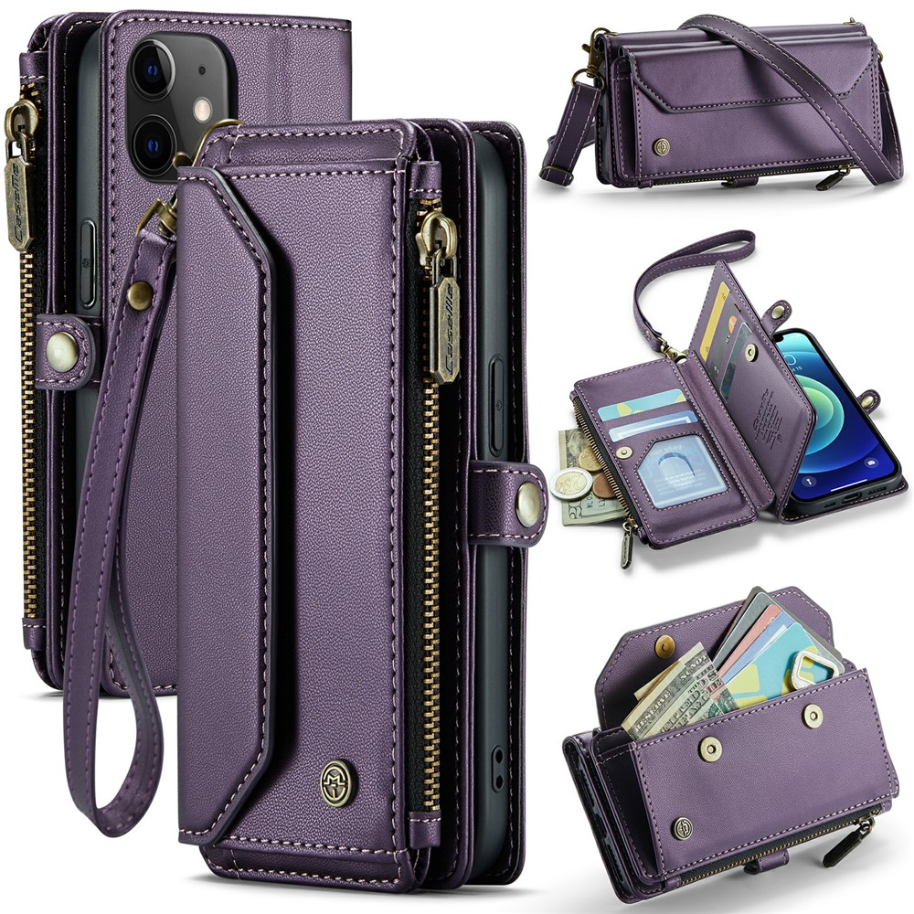 For iPhone 12 / 12 Pro Leather Case CASEME C36 Zipper Multiple Card Slots Phone Cover with Straps - Purple