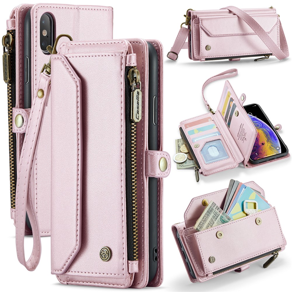 For iPhone XS Max Leather Case CASEME C36 Zipper Multiple Card Slots Phone Cover with Straps - Pink