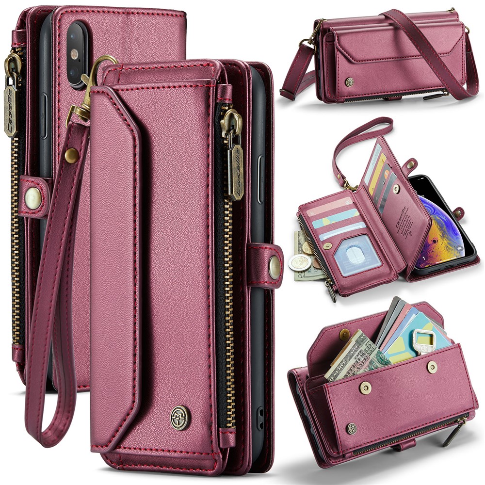 For iPhone XS Max Leather Case CASEME C36 Zipper Multiple Card Slots Phone Cover with Straps - Wine Red
