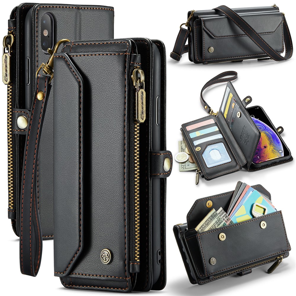 For iPhone XS Max Leather Case CASEME C36 Zipper Multiple Card Slots Phone Cover with Straps - Black