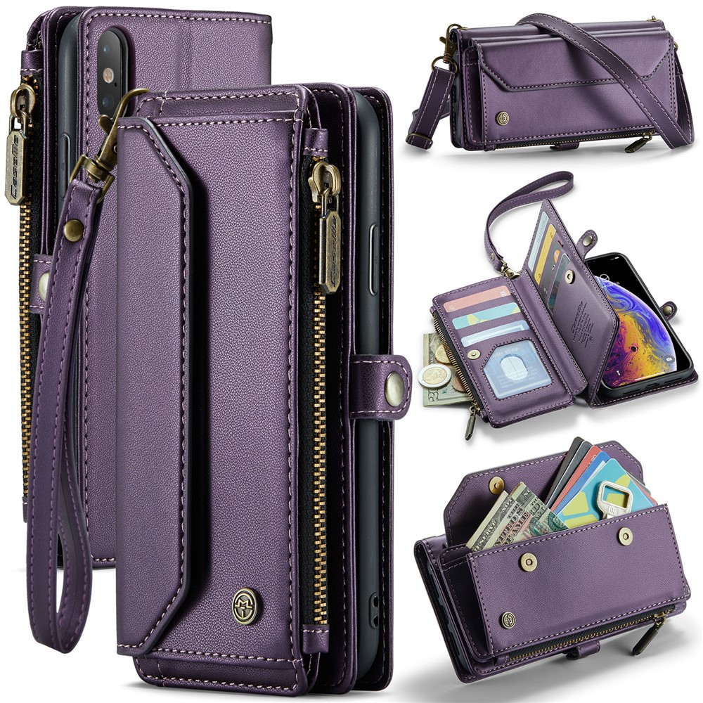 For iPhone XS Max Leather Case CASEME C36 Zipper Multiple Card Slots Phone Cover with Straps - Purple