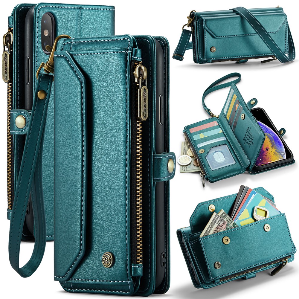 For iPhone XS Max Leather Case CASEME C36 Zipper Multiple Card Slots Phone Cover with Straps - Green