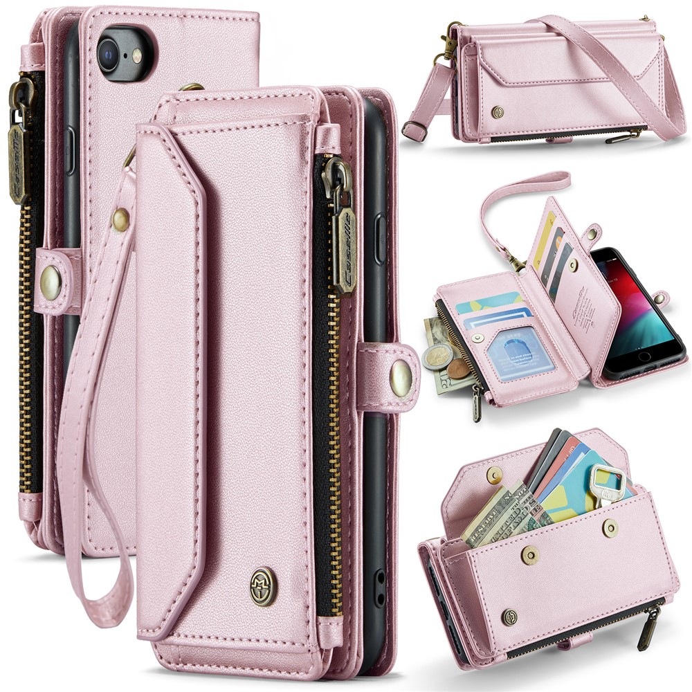 For iPhone 6 / 6s / 7 / 8 / SE (2020) / SE (2022) Leather Case CASEME C36 Zipper Multiple Card Slots Phone Cover with Straps - Pink