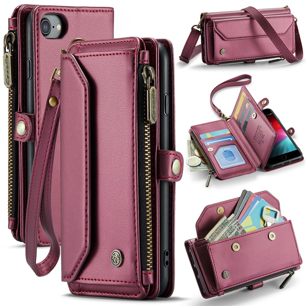 For iPhone 6 / 6s / 7 / 8 / SE (2020) / SE (2022) Leather Case CASEME C36 Zipper Multiple Card Slots Phone Cover with Straps - Wine Red