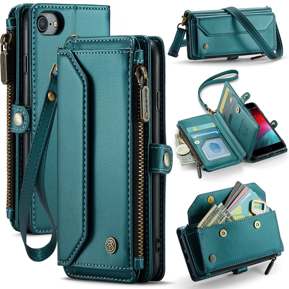 For iPhone 6 / 6s / 7 / 8 / SE (2020) / SE (2022) Leather Case CASEME C36 Zipper Multiple Card Slots Phone Cover with Straps - Green