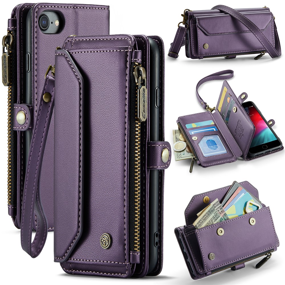 For iPhone 6 / 6s / 7 / 8 / SE (2020) / SE (2022) Leather Case CASEME C36 Zipper Multiple Card Slots Phone Cover with Straps - Purple