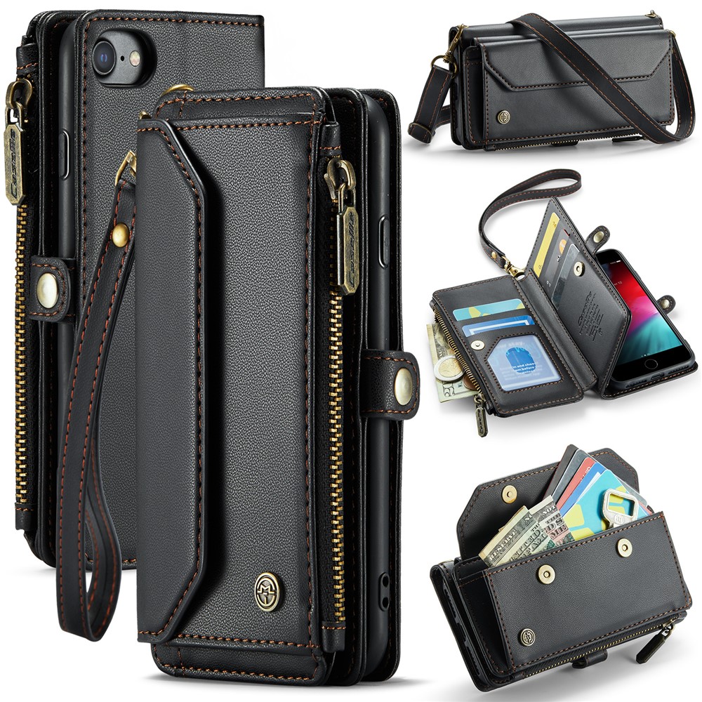 For iPhone 6 / 6s / 7 / 8 / SE (2020) / SE (2022) Leather Case CASEME C36 Zipper Multiple Card Slots Phone Cover with Straps - Black
