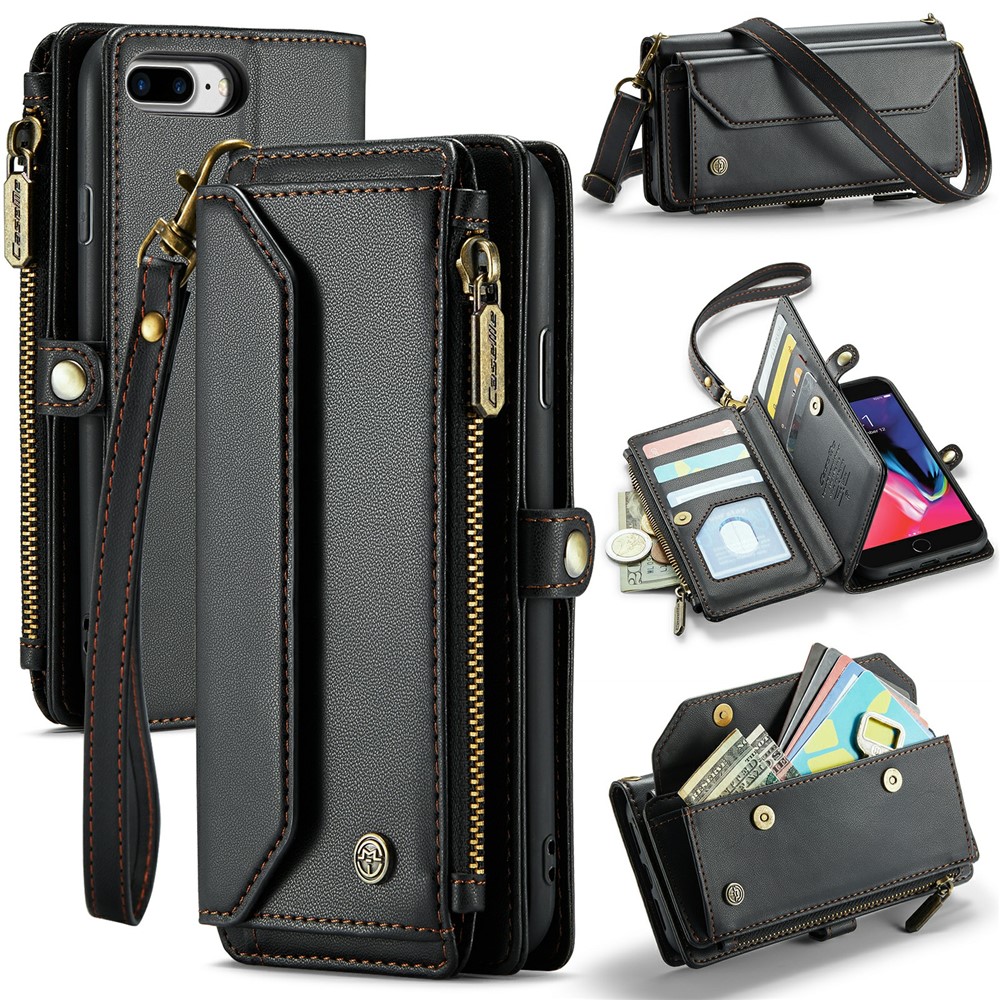 For iPhone 6 Plus / 6s Plus / 7 Plus / 8 Plus Leather Case CASEME C36 Zipper Multiple Card Slots Phone Cover with Straps - Black