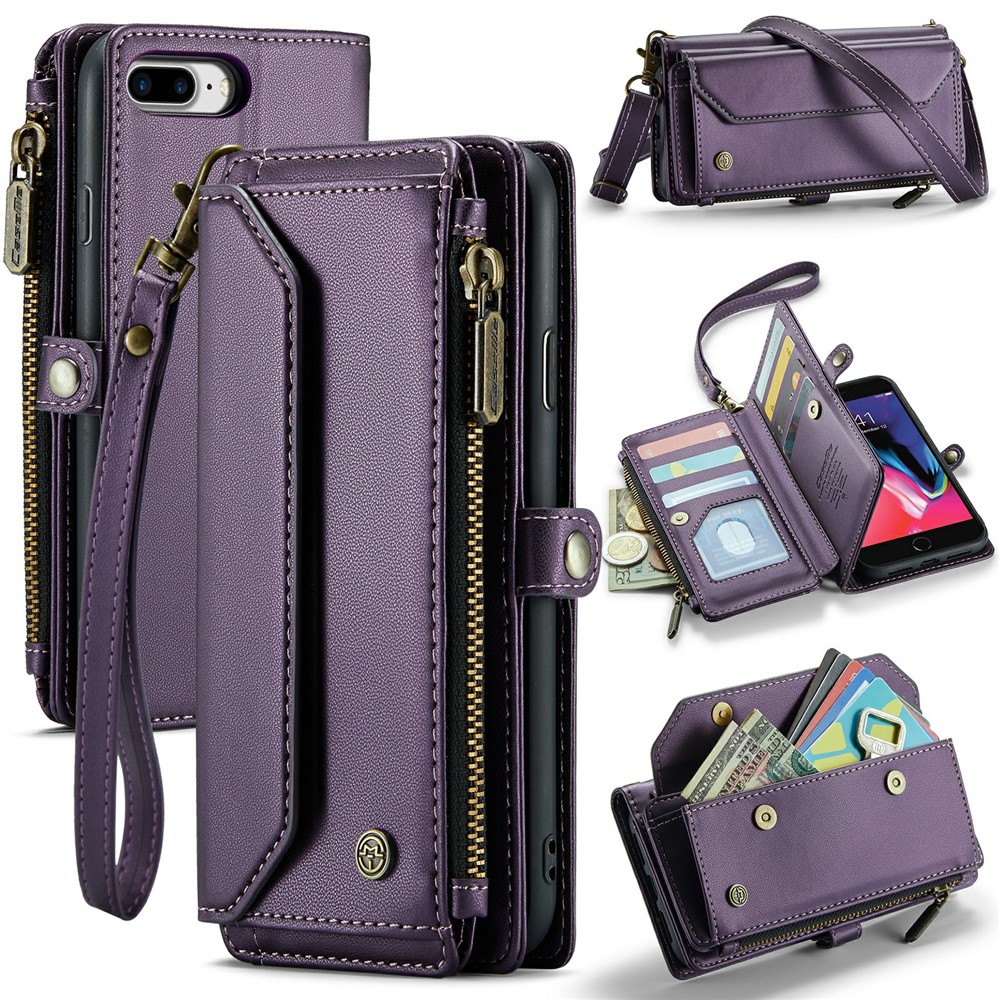 For iPhone 6 Plus / 6s Plus / 7 Plus / 8 Plus Leather Case CASEME C36 Zipper Multiple Card Slots Phone Cover with Straps - Purple