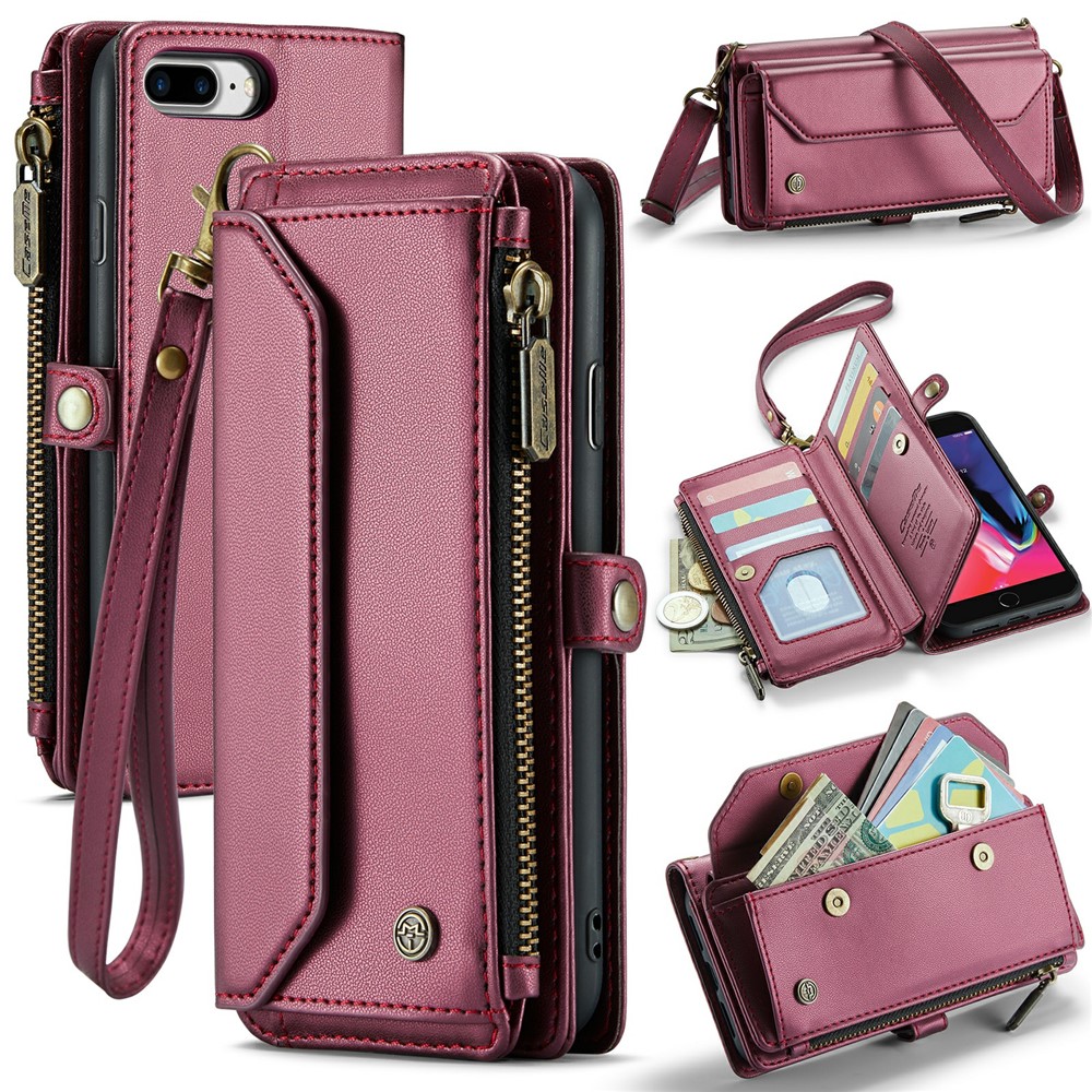 For iPhone 6 Plus / 6s Plus / 7 Plus / 8 Plus Leather Case CASEME C36 Zipper Multiple Card Slots Phone Cover with Straps - Wine Red
