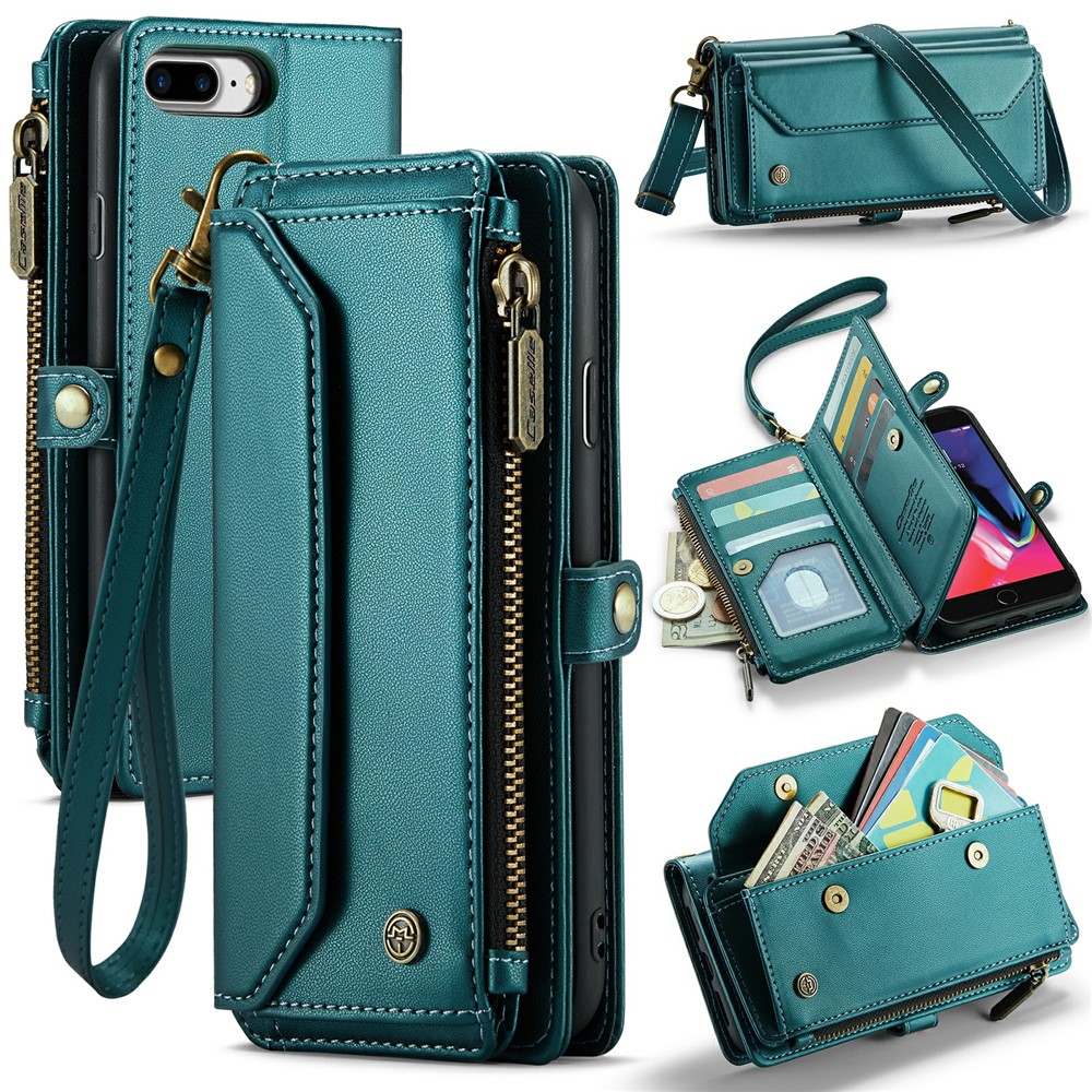 For iPhone 6 Plus / 6s Plus / 7 Plus / 8 Plus Leather Case CASEME C36 Zipper Multiple Card Slots Phone Cover with Straps - Green