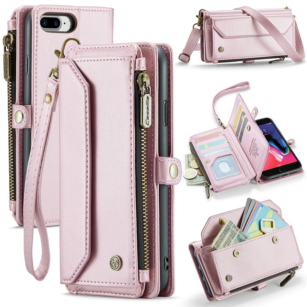 For iPhone 6 Plus / 6s Plus / 7 Plus / 8 Plus Leather Case CASEME C36 Zipper Multiple Card Slots Phone Cover with Straps - Pink